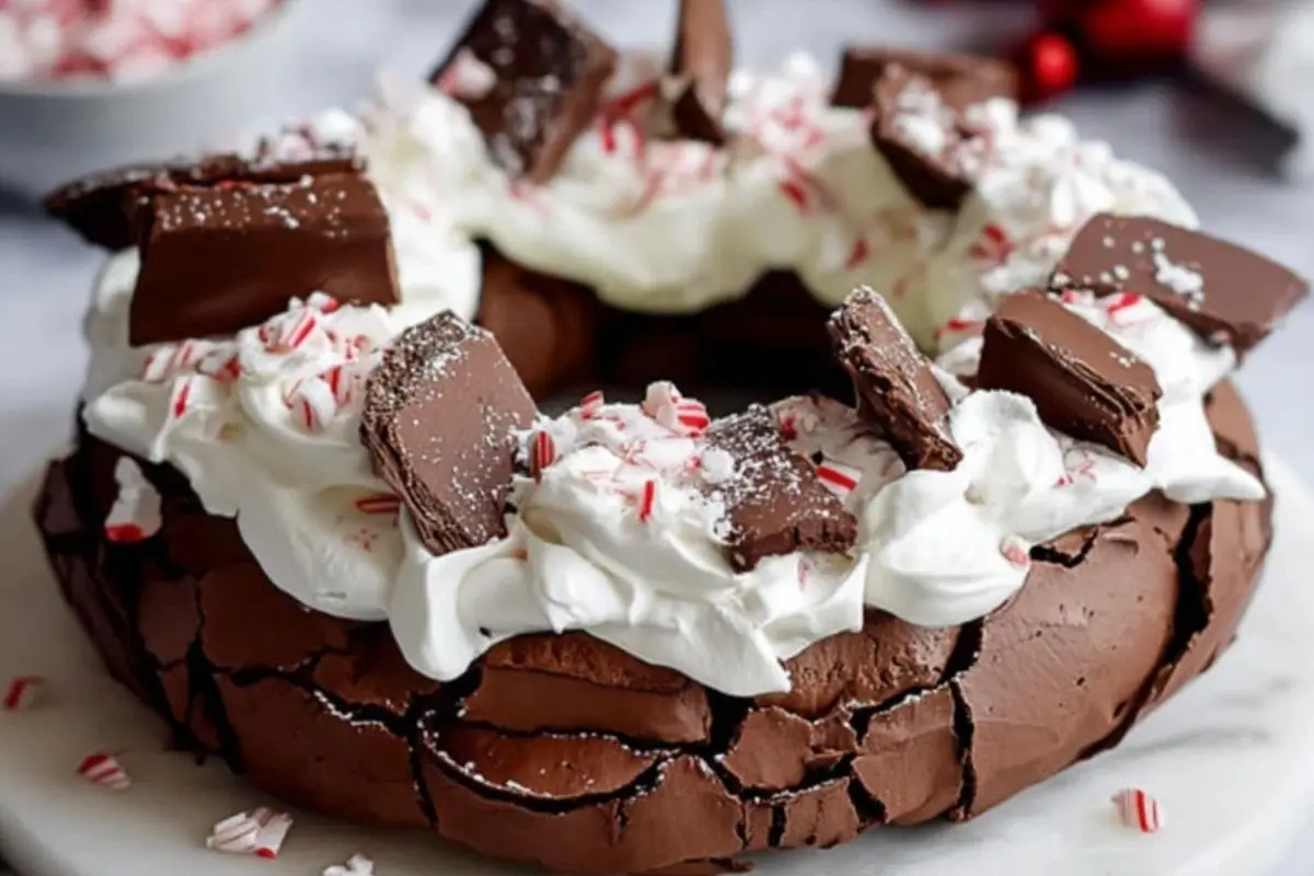 Chocolate Peppermint Christmas Pavlova Wreath Dessert