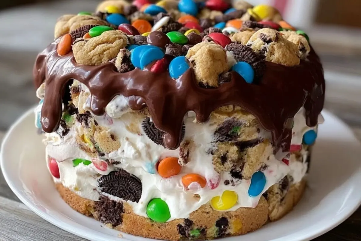 Decadent Chocolate M&M's and Chocolate Chip Cookie Dough Ice Cream Cake